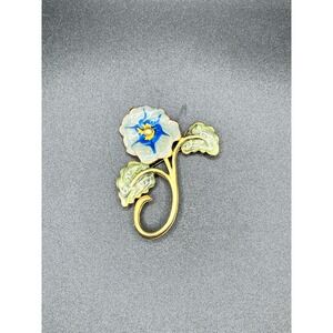 Whimsical Botanical Flower Pin Vtg Gold Tone Statement Brooch 2.25" Blue Green